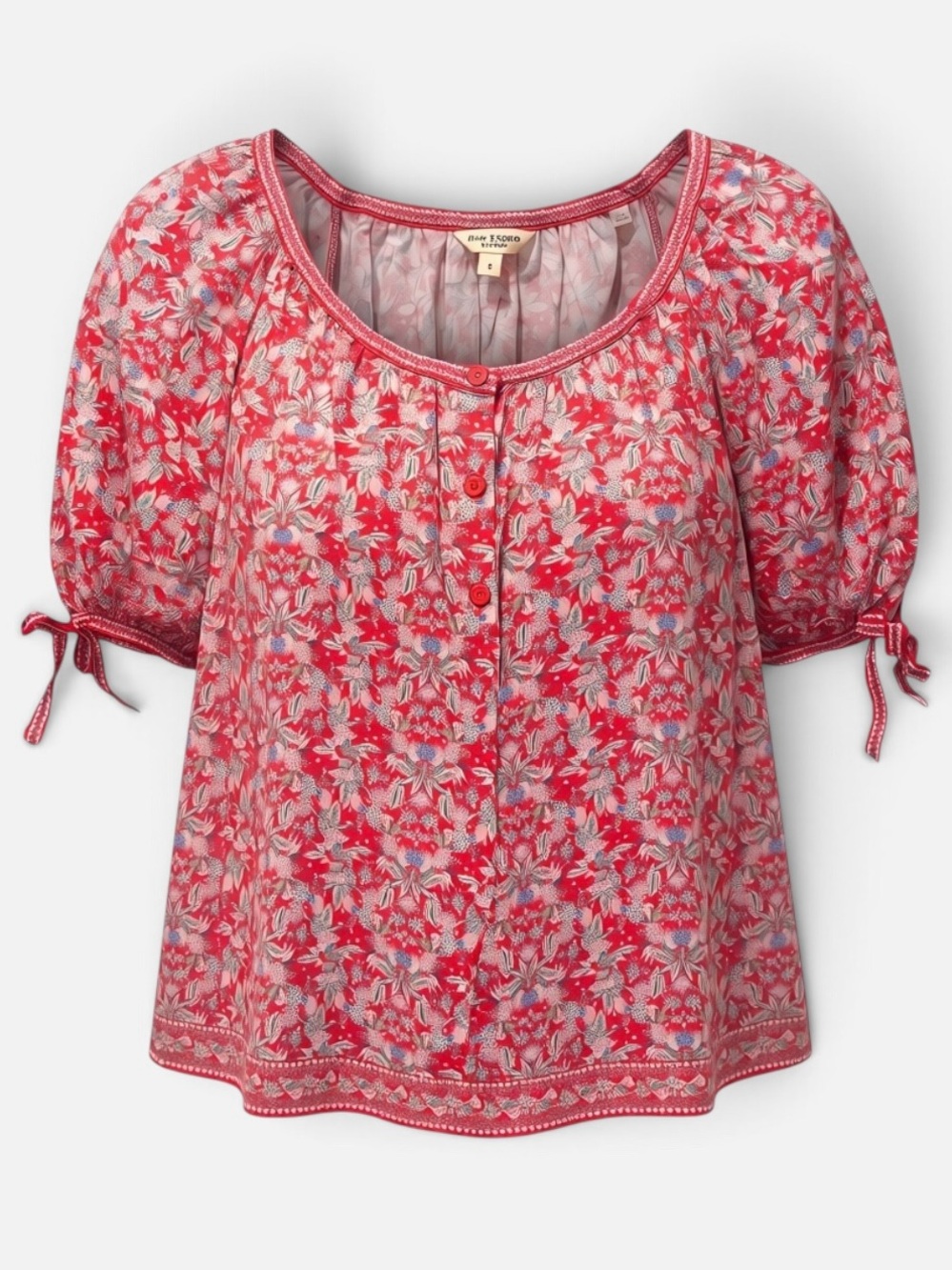 Max Studio London Red Floral Scoop-Neck Puff Sleeve Top